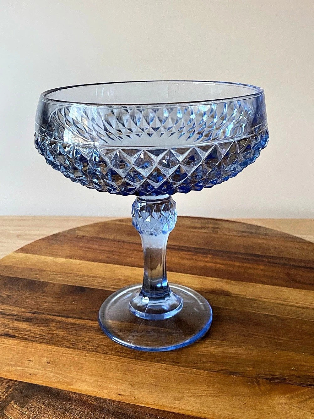Vintage Indiana Glass Diamond Point Ice Blue Footed Compote Bowl Mid Century